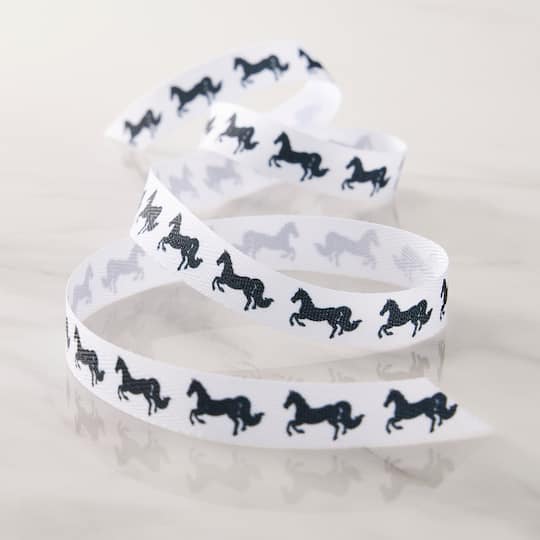 5/8" x 7yd. Black & White Horses Faux Linen Ribbon by Celebrate It® Classic